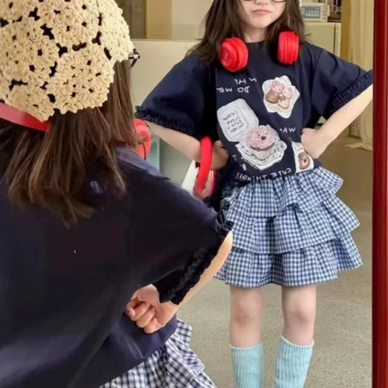 

Girls Summer Dress 2025 Summer New Kids Summer Dress Loose Cartoon Print Short Sleeve Cake Dress Set