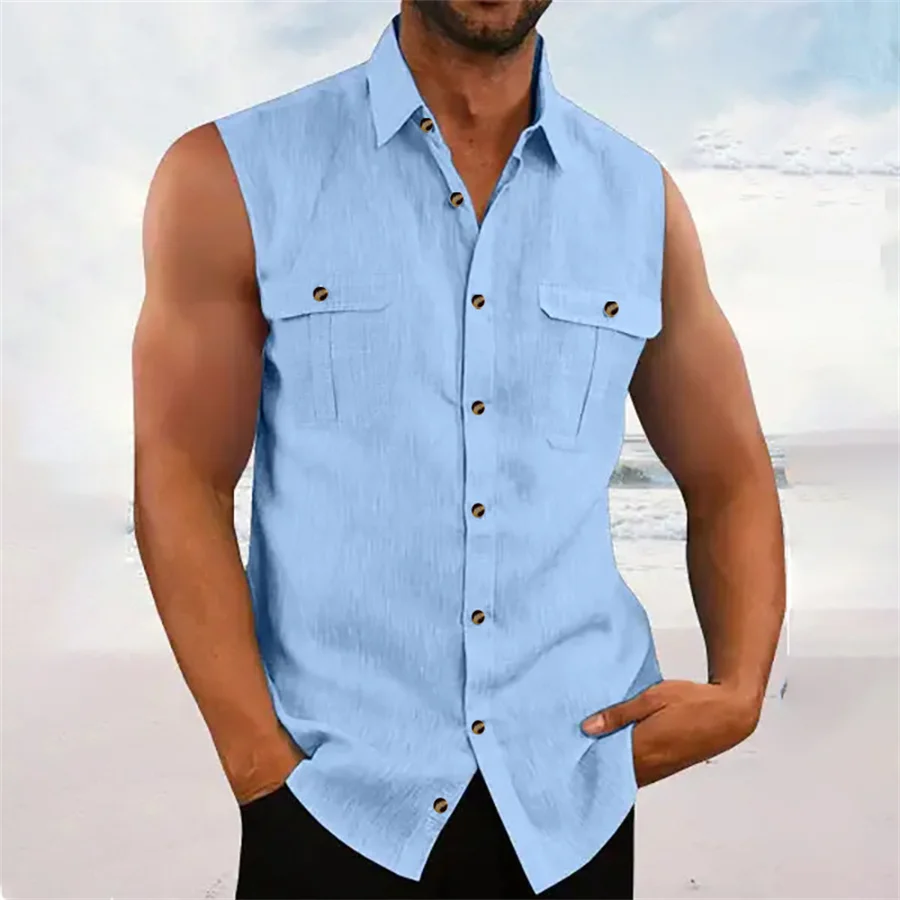 2024 New Summer Men\'s Linen Tank Tops Casual Solid Color Turn Down Collar Sleeveless Shirts Pockets Fashion Streetwear Vest