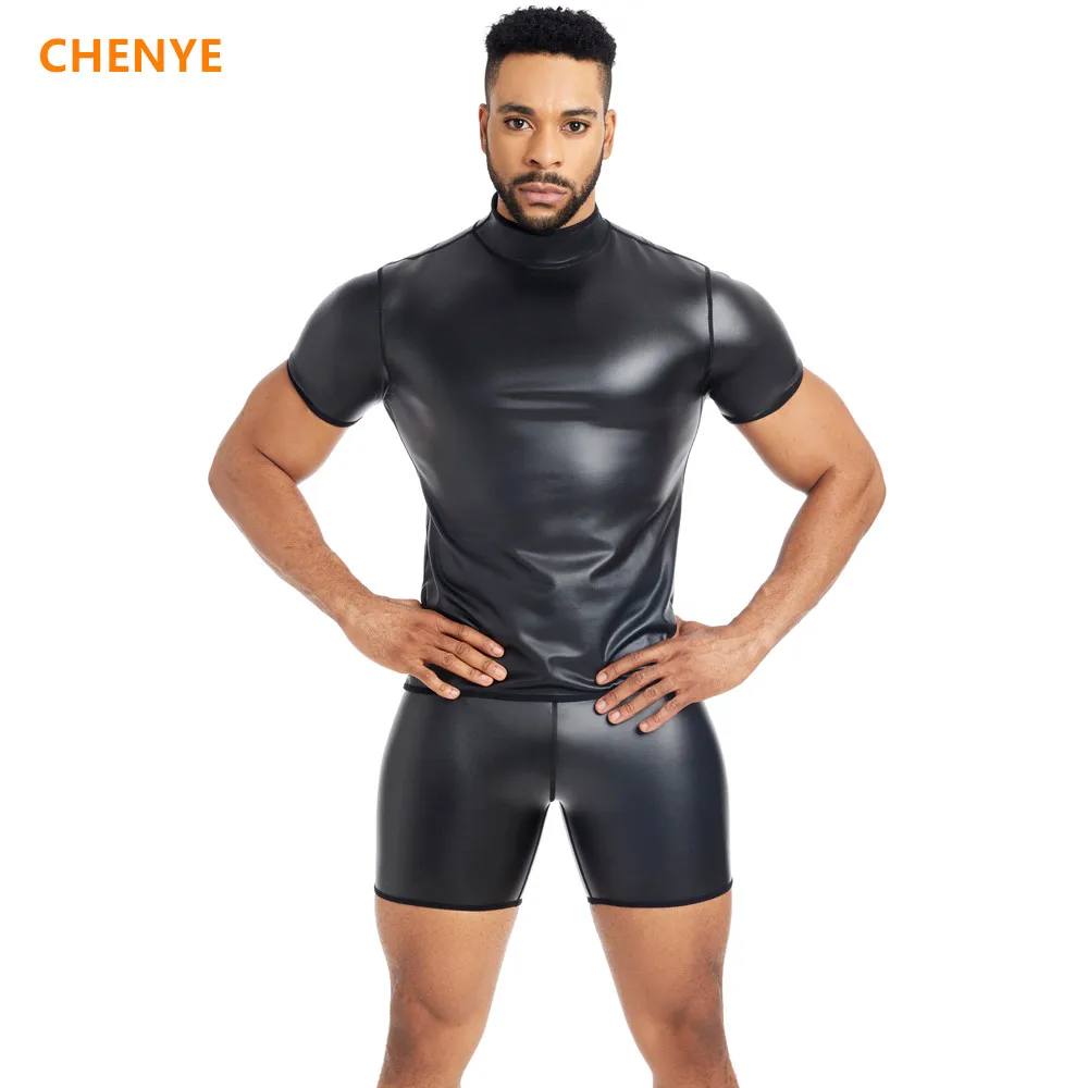 Mens Faux Leather Wet Look Undershirt  Short Sleeve Shirts Slim Fit Muscle Tops Casual Clubwear New Men T-shirt Top Casual Shirt