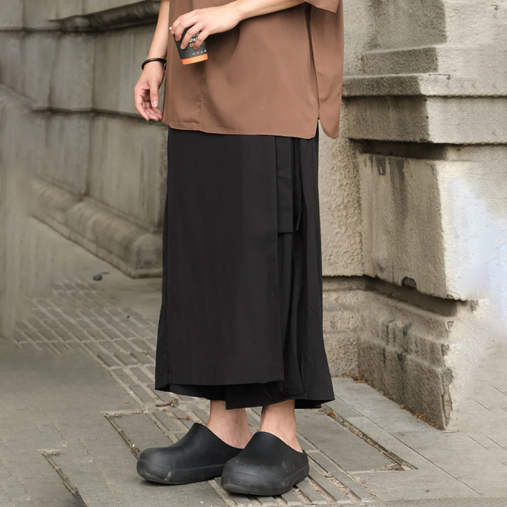 Mens Faux Two Piece Spliced Casual Dark Gothic Skirt Pants Streetwear Fashion Niche Campus Youth Versatile Trend Samurai Pants