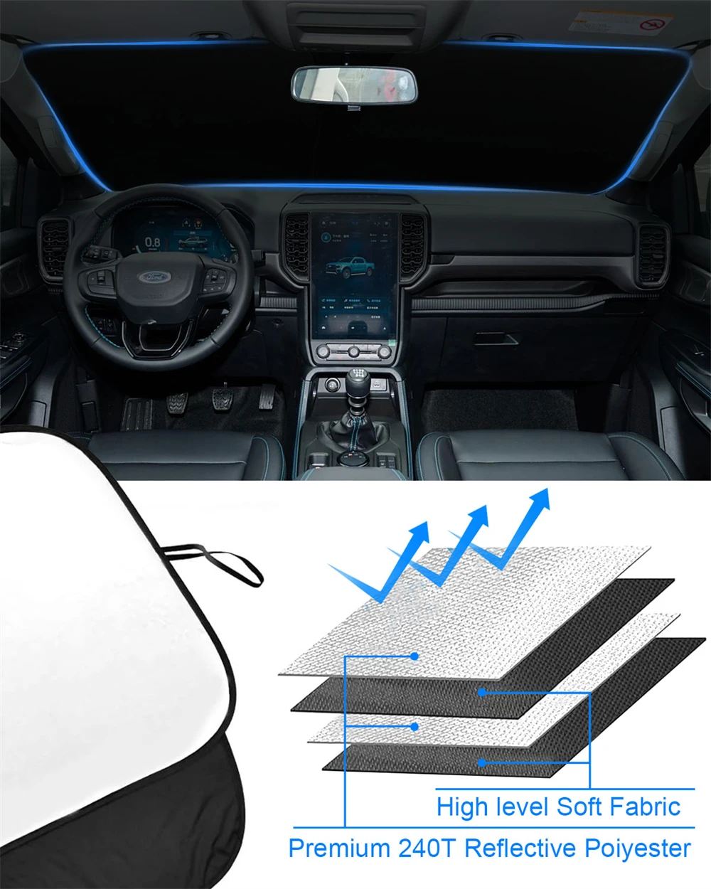 Visera de parabrisas de coche protector solar para Ford Ranger 2019 2020 2021 2022 2023 2024 bloque de Parasol de ventana Parasol Coche protección de rayos UV