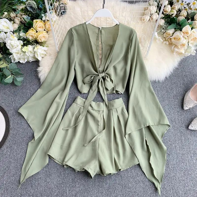 Summer Two Pieces Short Sets Women Casual Flare Sleeve  chiffon  with Korean Fashion High Waist Wide Leg Shorts Sets