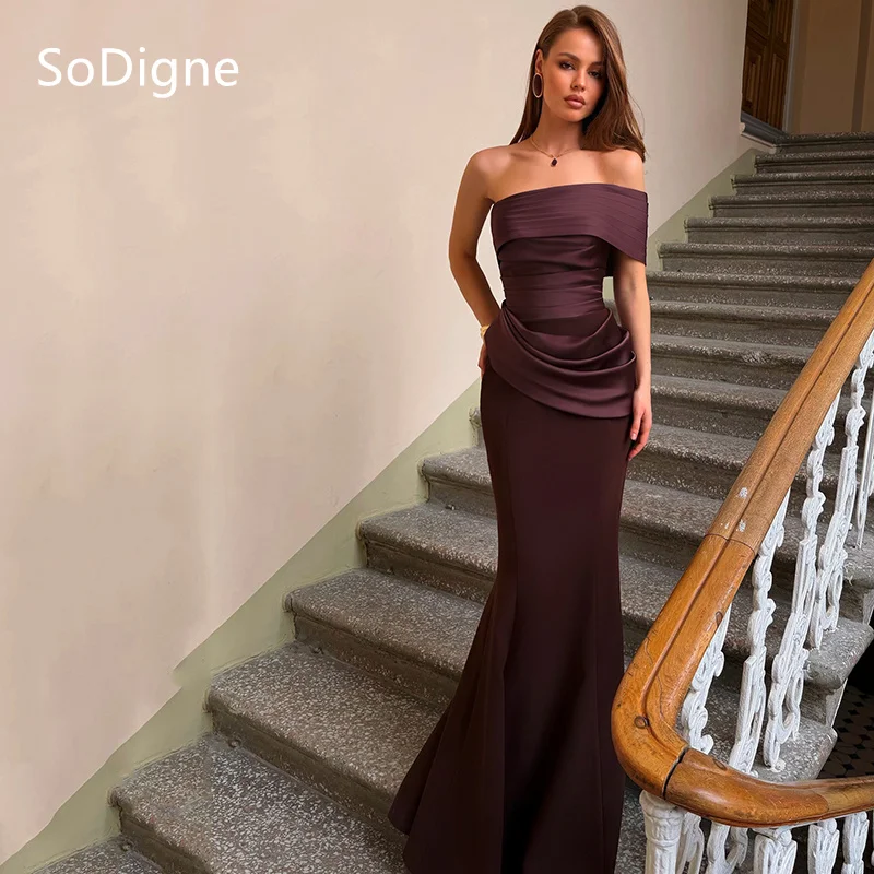 

SoDigne Elegant Evening Dresses Pleats Off The Shoulder Sleeveless Party Dress Sheath Mermaid Prom Gowns Customized