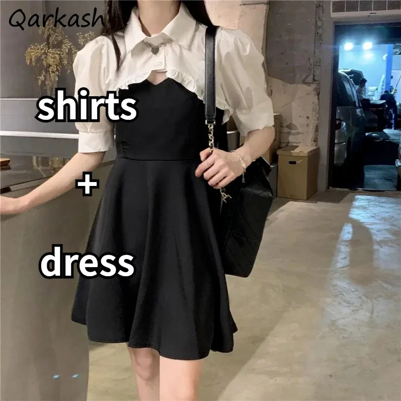 

2 Pcs Sets Women Crop Puff Sleeve Shirts Mini Spaghetti Strap Dresses Summer Fashion Tender Preppy Style Teens Sweet Clothing