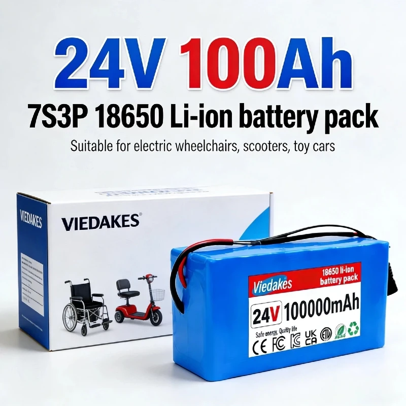 7S3P 24V 100Ah 18650 Lithium Battery Pack with 29.4V 2A Charger for Electric Wheelchair, Mobility Scooter, Backup Power Supply
