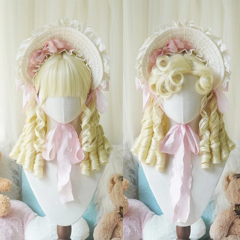 

Roman Curly Synthetic Lolita Curly Hair With Bangs Light Golden Pink Anime Wig Oberl Woman Party Cosplay Wig