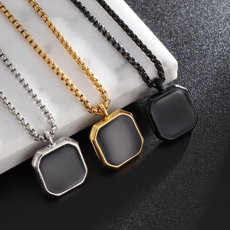 Fashion Men's Square Black Natural Stone Necklace Solid Stainless Steel Geometric Polygon Pendant Casual Punk Boys Gift Jewelry