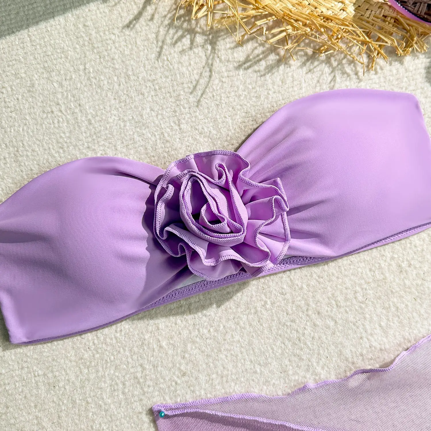 Micro Purple 3D Flowers Bikini Women Set 2024 Sexy Ups for Swimwear Women 3-częściowy trójkąt Micro Thong Swimsuit String Biquini