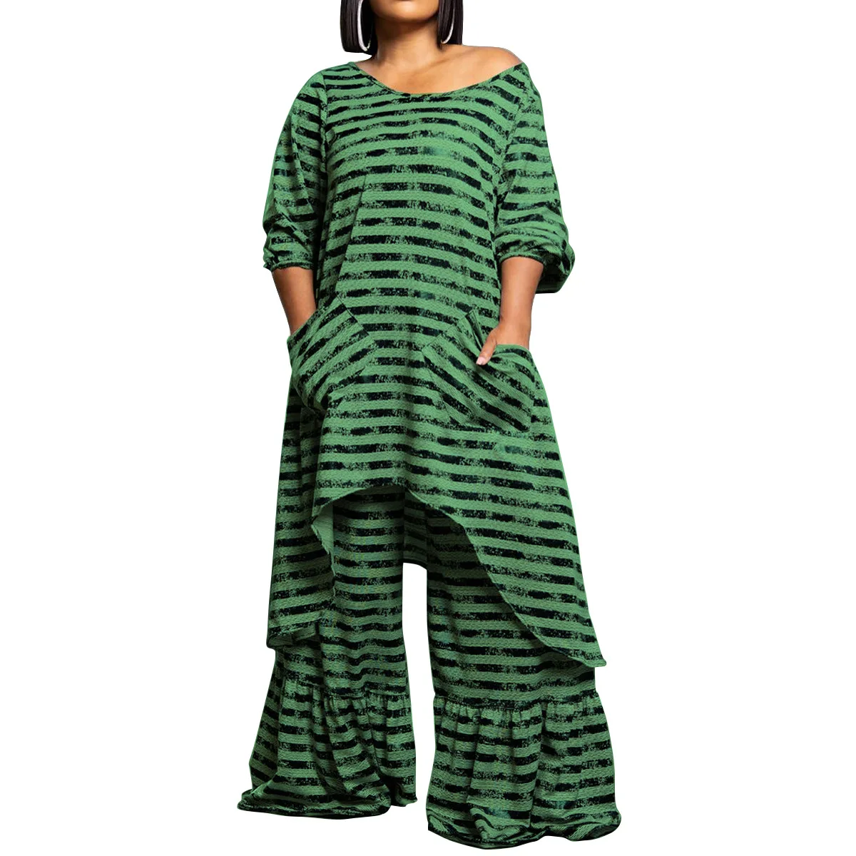 

Plus Size 2 Piece African Clothes for Women Autumn Fashion 3/4 Sleeve Top Long Pant Matching Sets Dashiki Africa Clothing XL-5XL