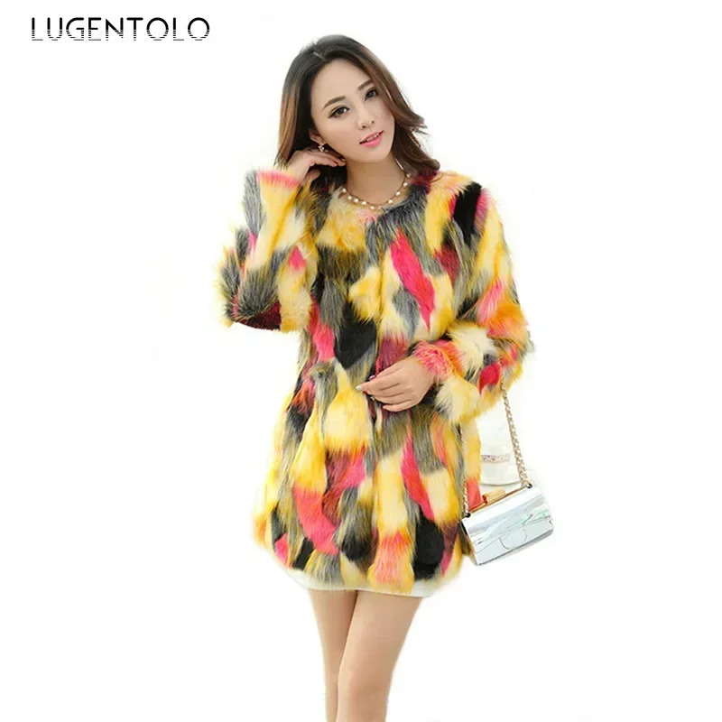 Women Faux Fur Colorful Coat Autumn Winter New Faux Fox Fur Fashion Lady Street Korean Elegant Outwear Cloth