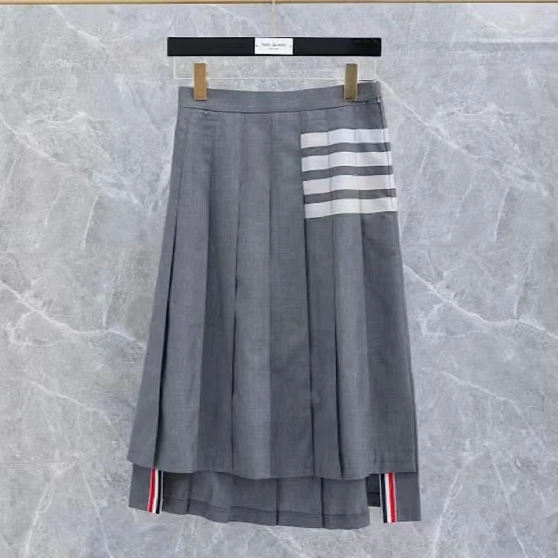 Brand TB Skirt Summer Preppy Style Classic Striped Long Pleated Skirts Women Korean Fashion White Four Bars Mid Length faldas