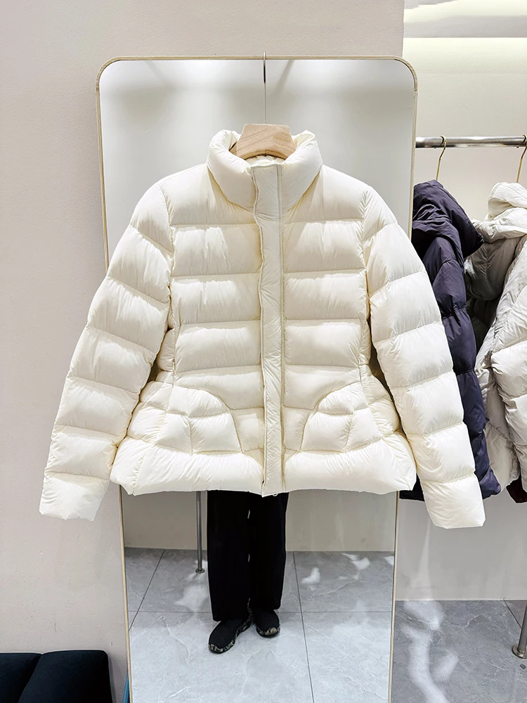 

Winter Stand Collar Slim Short Down Jacket Female Puff Thicken Pocket Jackets Women White Duck Down Zipper Warm Parker Outwears