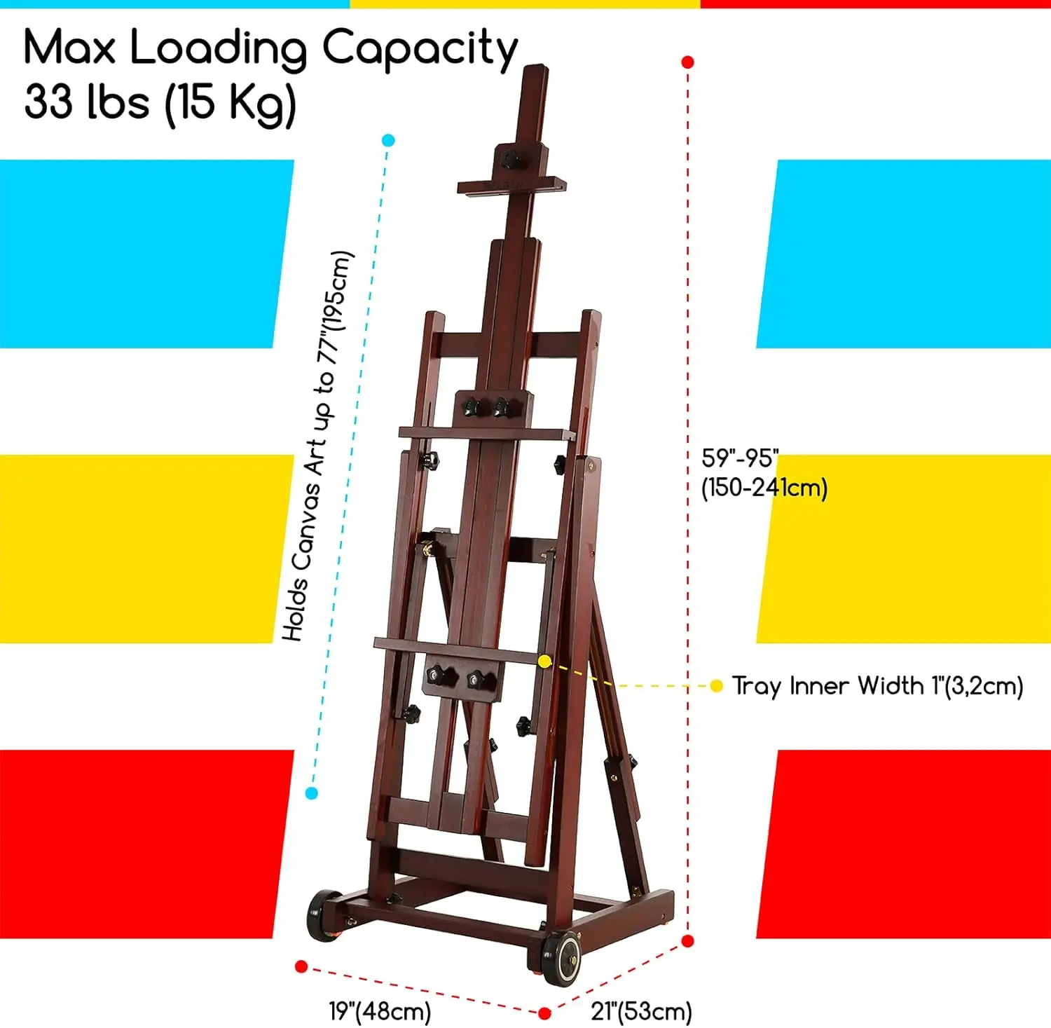 H-Frame Easel,Painting Easel for Adults,Artist Easel,Floor Easel,Solid Beech Wood Easel w/Front Wheels,Holds Canvas Art