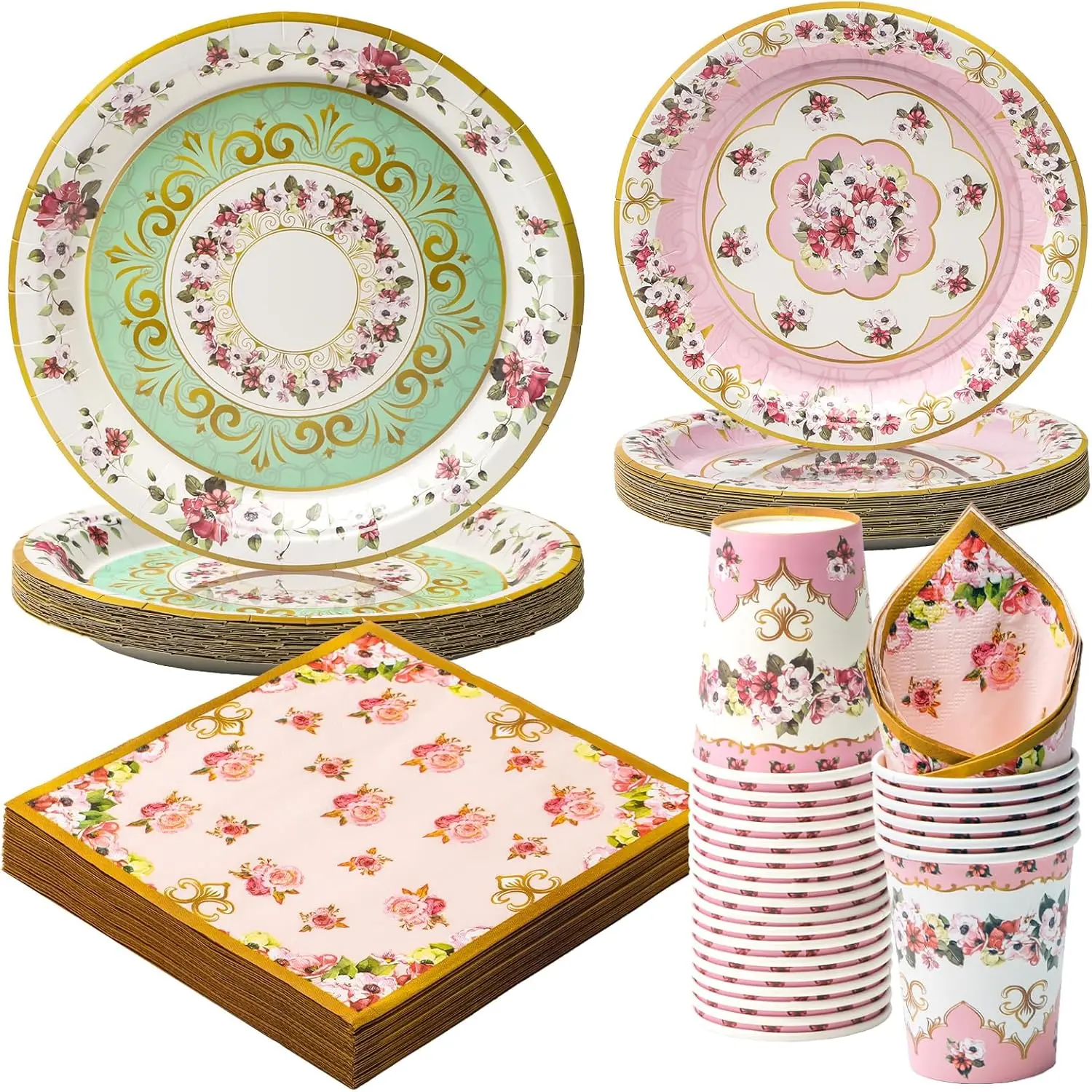 

96 Pcs Floral Pink Green Vintage Party Plates Cups Napkins Set for 24 Guests