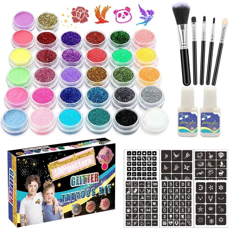 32 colori Diamond Glitter Art Set di tatuaggi luminosi pennello per trucco Set di tatuaggi temporanei polvere glitterata Kit di adesivi temporanei regali