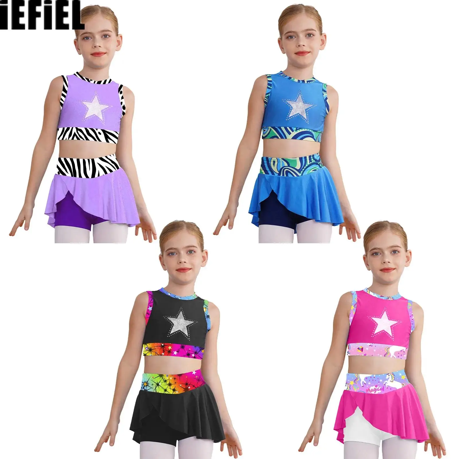 

Kids Girls Gymnastic Dance Sets Hollow Back Tank Top with Sport Skirt Set for Sport Exercise Swimwear Activewear