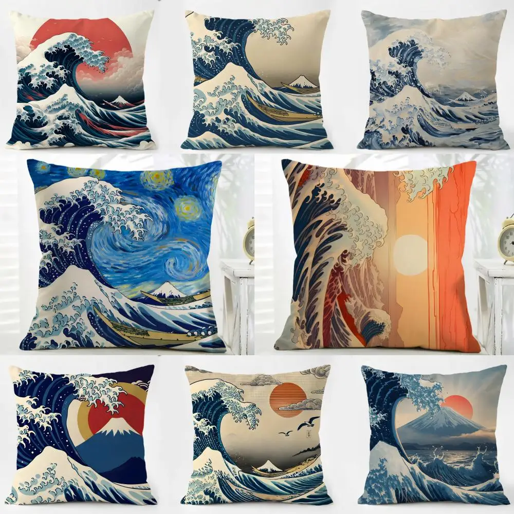 H-Hokusai Great Wave Cushion Cover Washable Linen Pillowcase Soft  for Daily Sofa Bed Home Room Decor