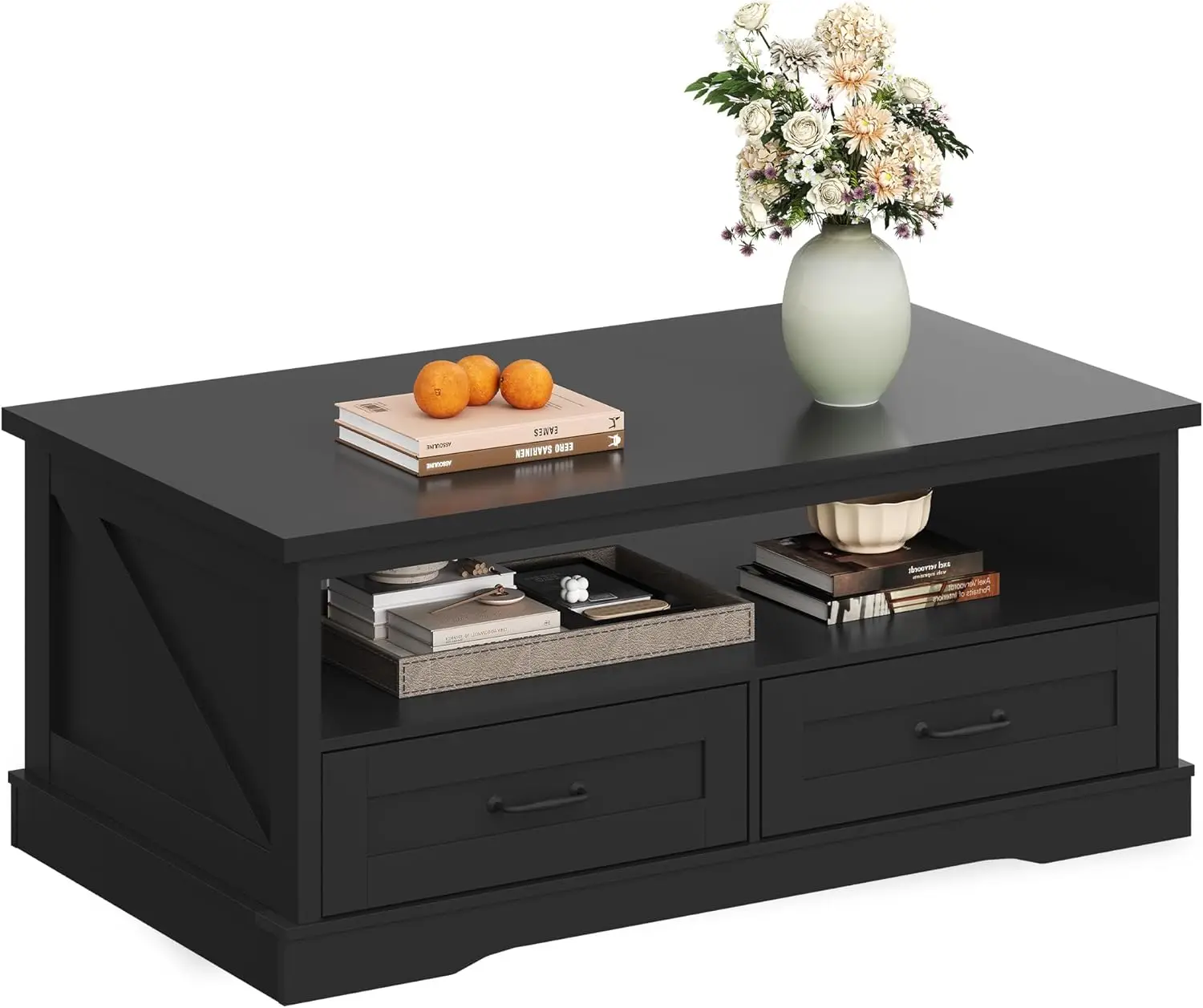

Coffee Table for Living Room with 2 Drawers and Open Shelf, 43" Farmhouse Center Table with Curved Base, Black