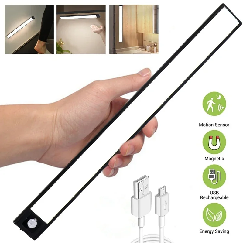 20/40/60CM LED Cabinet Light PIR Motion Sensor Light Ultra-Thin USB Rechargeable Wardrobe Cupboard Wall lamp Closet night light