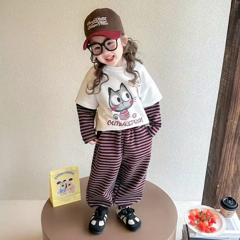 

Baby Girl Spring and Autumn Girls' Clothing Set New Children's Cartoon Stripe Casual Sweatshirt Pants Two Piece Set Kids Outfits