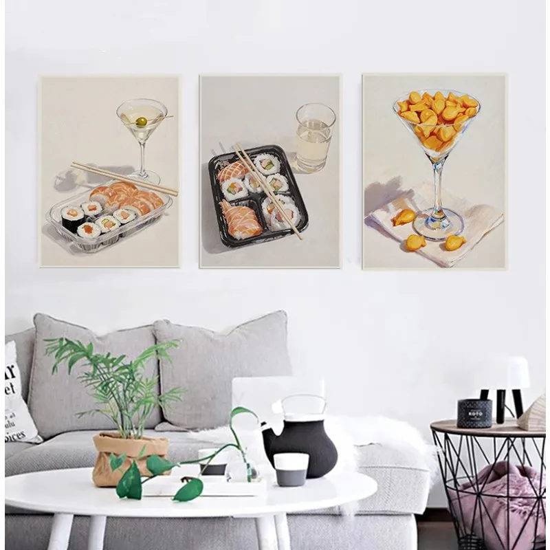 Funny Cute Food Cocktail Poster Modern Still Life Crackers French Fries Martini Canvas Painting Wall Art Kitchen Room Home Decor