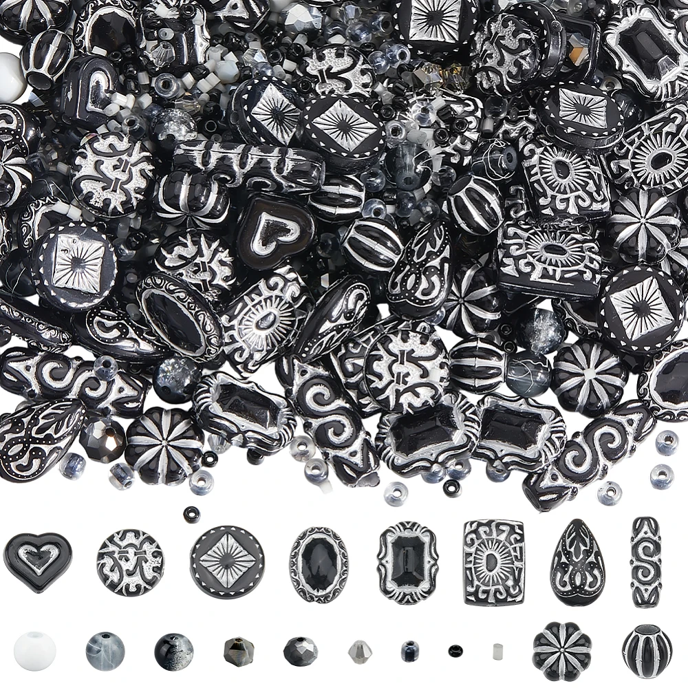 1220Pcs 19Styles Bohemia Acrylic Beads Assorted Czech Beads Bulk Black Glass Vintage Gold Metal Enlaced Heart Oval Loose Spacers