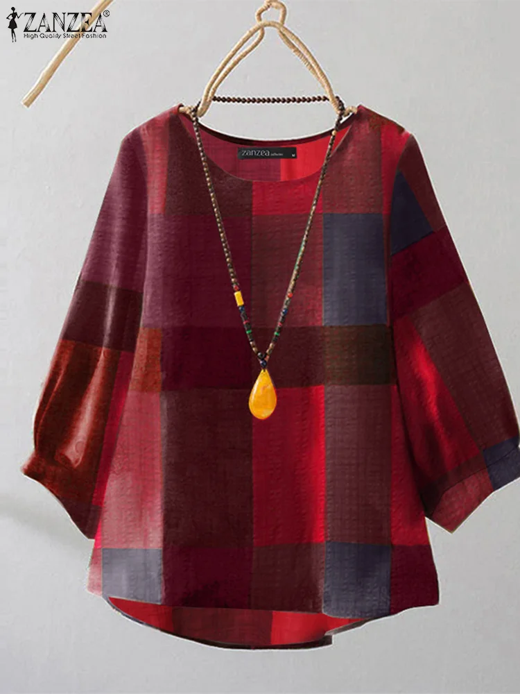 ZANZEA Women Vintage Shirt Casual Loose Plaid Check Tops Elegant Round Neck Tunic Retro 3/4 Puff Sleeve Basic Daily Smock Blouse