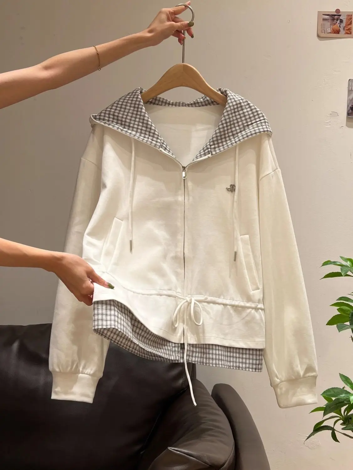 كارديجان نسائي فضفاض بأكمام طويلة ونقشة مربعات مع غطاء للرأس ورباط خيطي، أزياء كورية عصرية للخريف