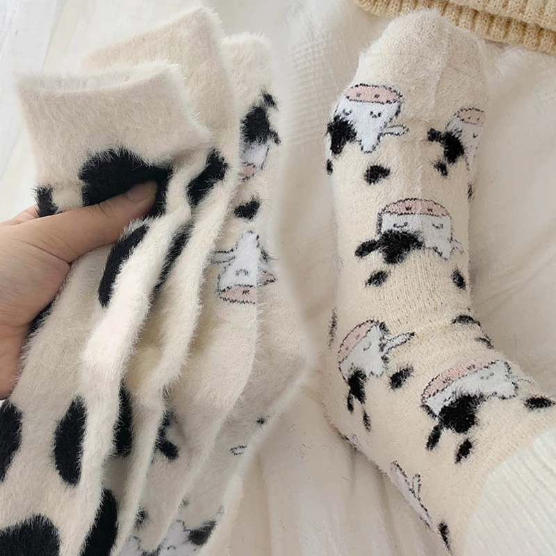 

Cow Spot Pattern Velvet Imitation Mink Tube Socks for Women Winter Plush Warm Home Sleeping Sock Sweet Cartoon Hosiery Harajuku