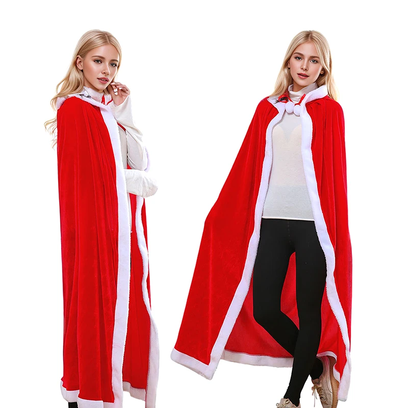 Full Length Hooded Velvet Cloak Christmas Santa Claus Plush Trim Tie Up Red Cape Holiday Cosplay Costume