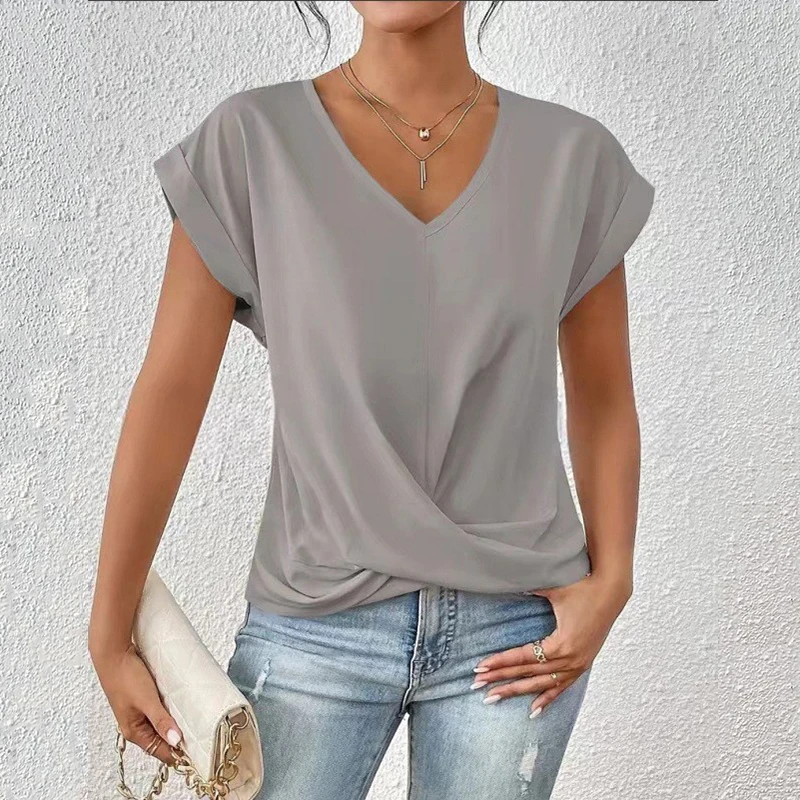 เซ็กซี่ V คอจีบ HemShort แขนเสื้อเสื้อ Office Lady ฤดูใบไม้ผลิฤดูร้อนสบายๆหลวมเสื้อยืดสีขาวสําหรับผู้หญิงหญิง