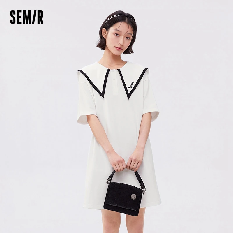 Semir Dress Women Polo Collar College Style Cotton Summer Gentle Literature Loose Split Straight Tube Dress Girl Feeling