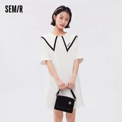 Semir Dress Women Polo Collar College Style Cotton Summer Gentle Literature Loose Split Straight Tube Dress Girl Feeling