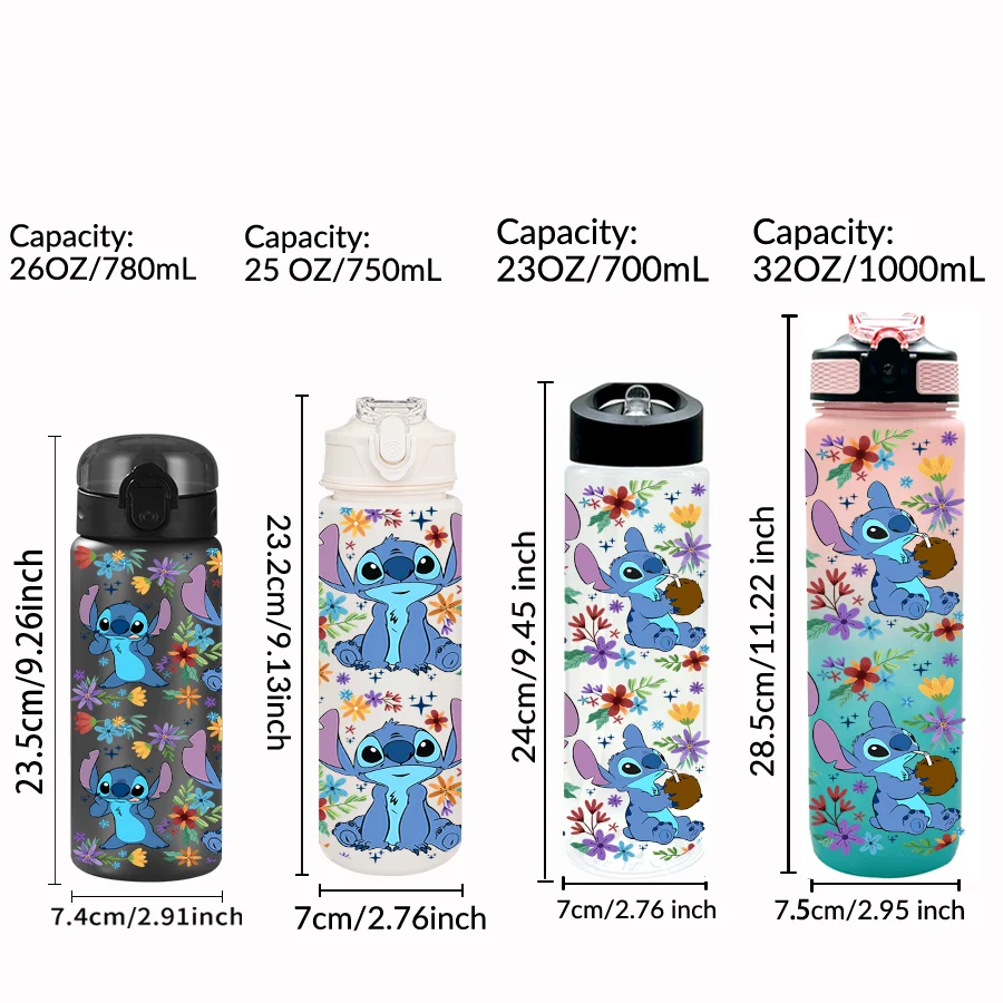 Botella de agua de plástico multiestilo con patrón de flores de Disney Stitch, 23-32oz, taza deportiva portátil, regalo de cumpleaños, taza para volver a la escuela, 1 ud.
