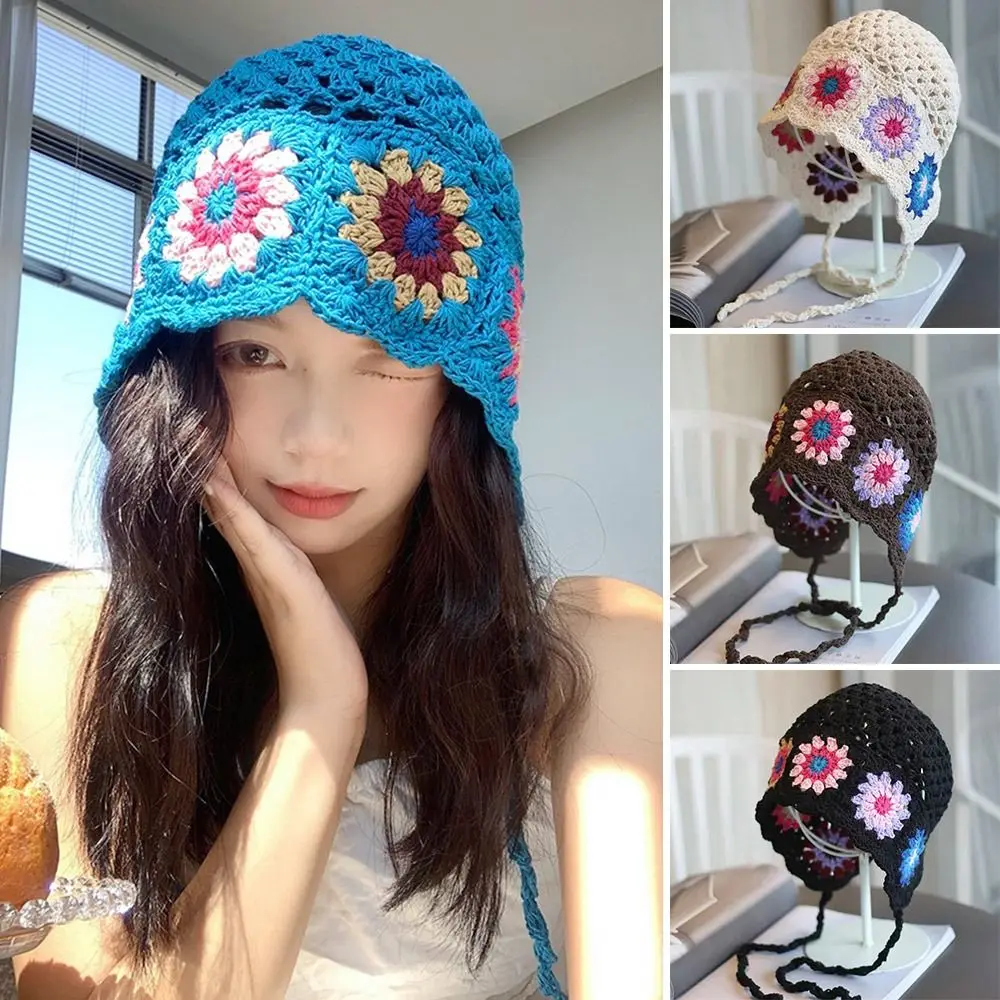 

Breathable Hollowed Out Knitted Hat Flowers Casual Skullies Hat Fashion Summer Beret Cap for Women