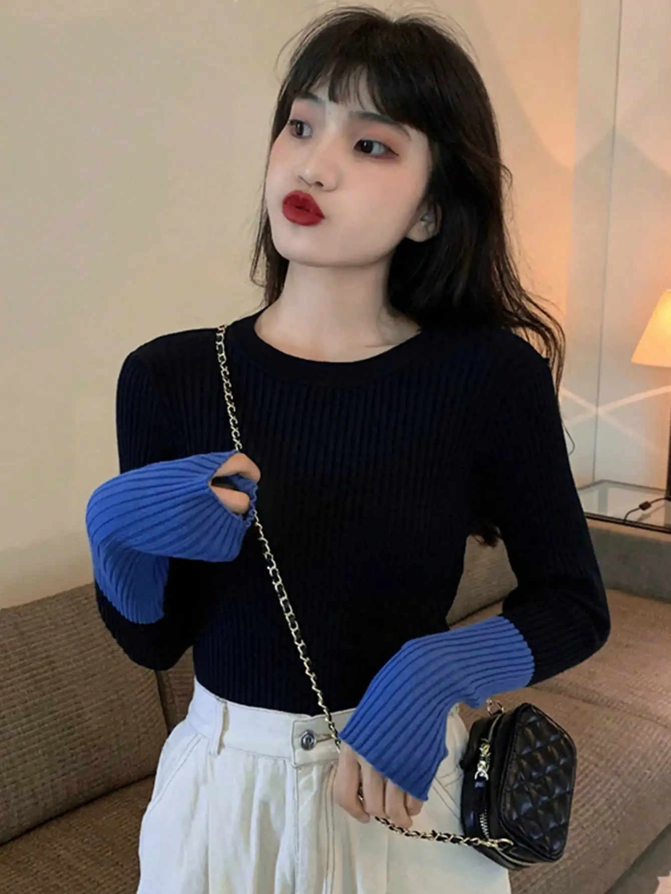 

Korean Chic Early Autum Internet Celebrity Popular Contrasting Color Long-Sleeved Knitwear Slim Fit Inner Layering Shirt Top for Women