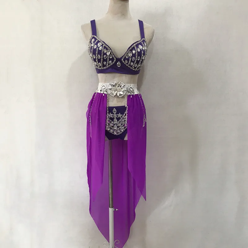 Sexy Nightclub Bar DJ Pole Dance Costume Pink Purple Crystal Bikini Mesh Trailing Party Show Rave Outfit Belly Dance Stage Wear