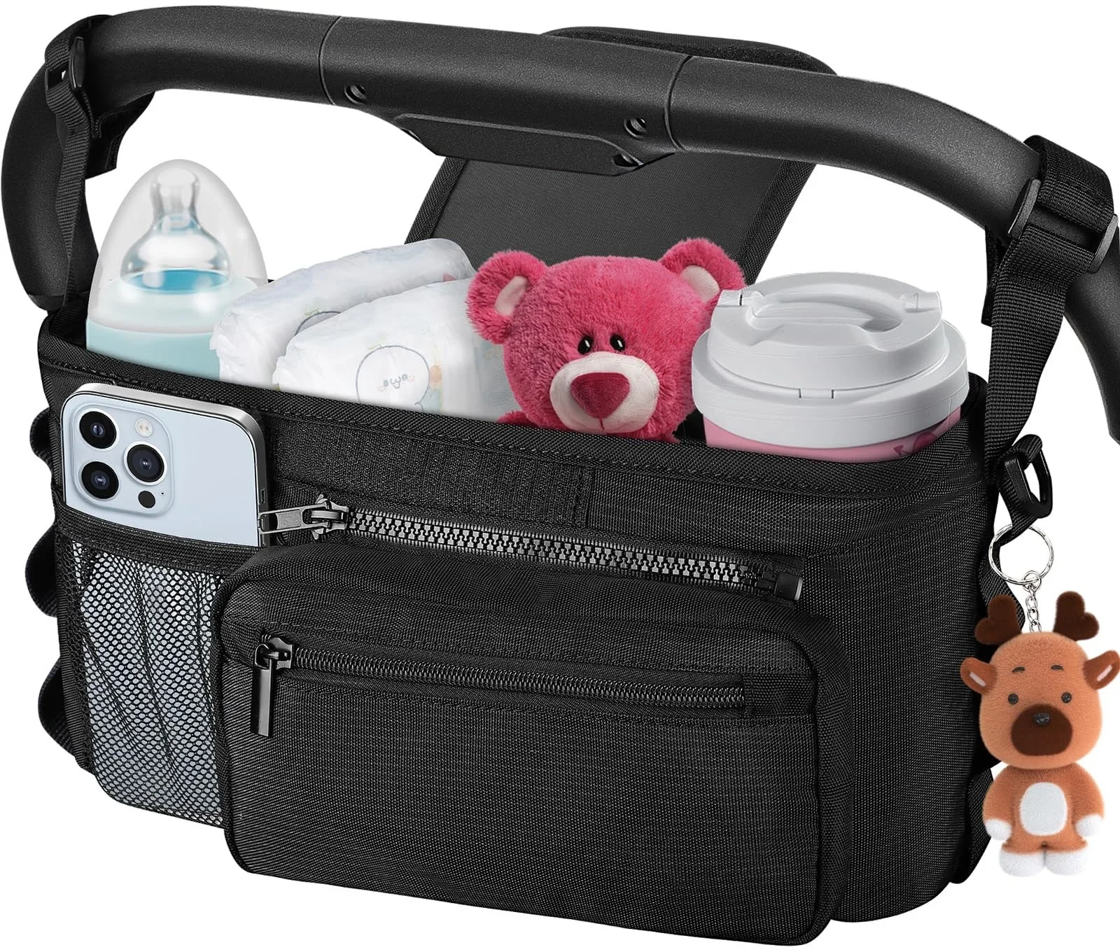 Stroller Organizer with Cup Holder Detachable Phone Bag and Shoulder Strap, Stroller Caddy Fits for Stroller Like Uppababy