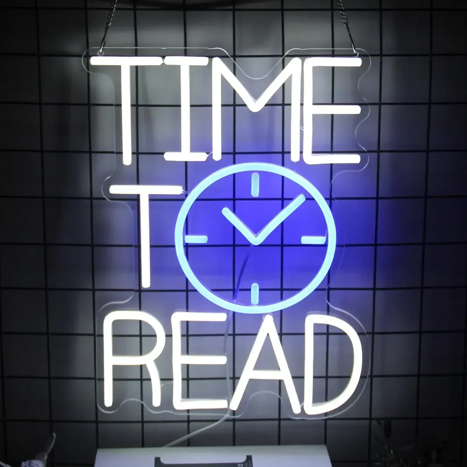 Time To Read Neon Sign Blue White Clock LED Wall Art Book Lover Glow USB Powered Dimmable Acrylic Lamp Library Bedroom Decor