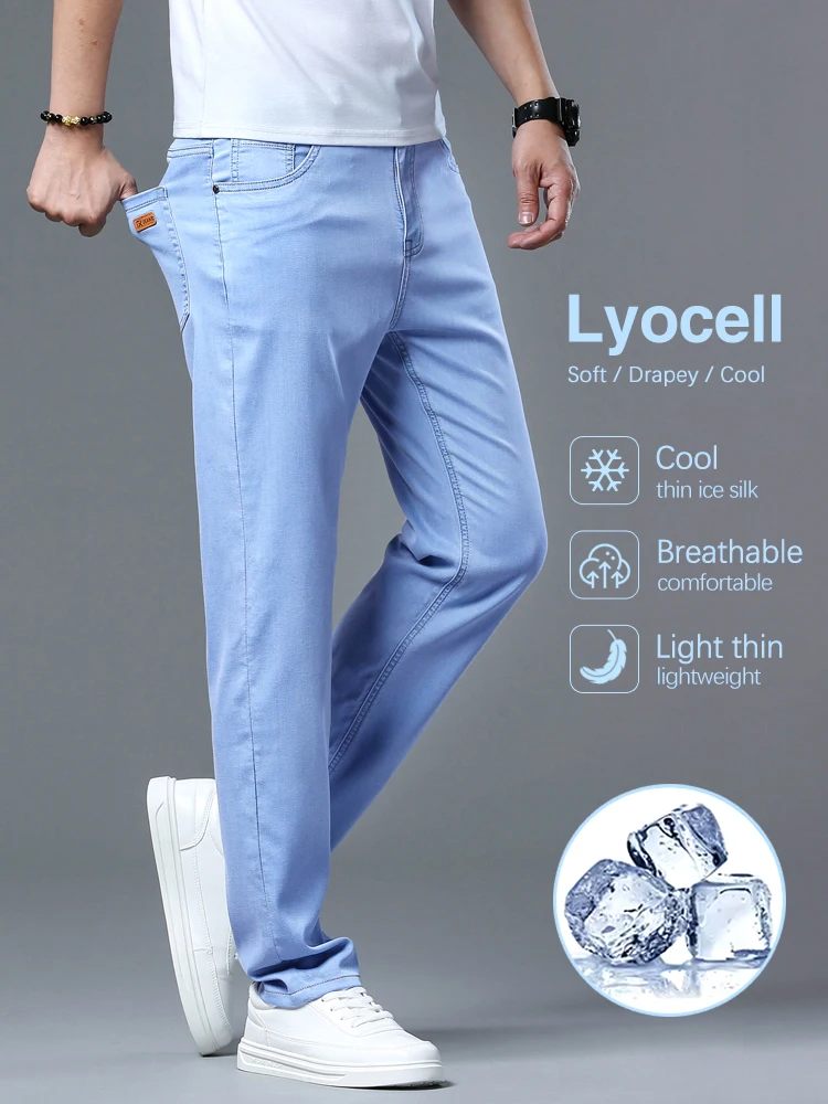 

Lyocell Ice Silk Jeans Men's Comfortable Soft Cool Drape Casual Trousers Spring Summer Thin Korean Business Straight Denim Pants