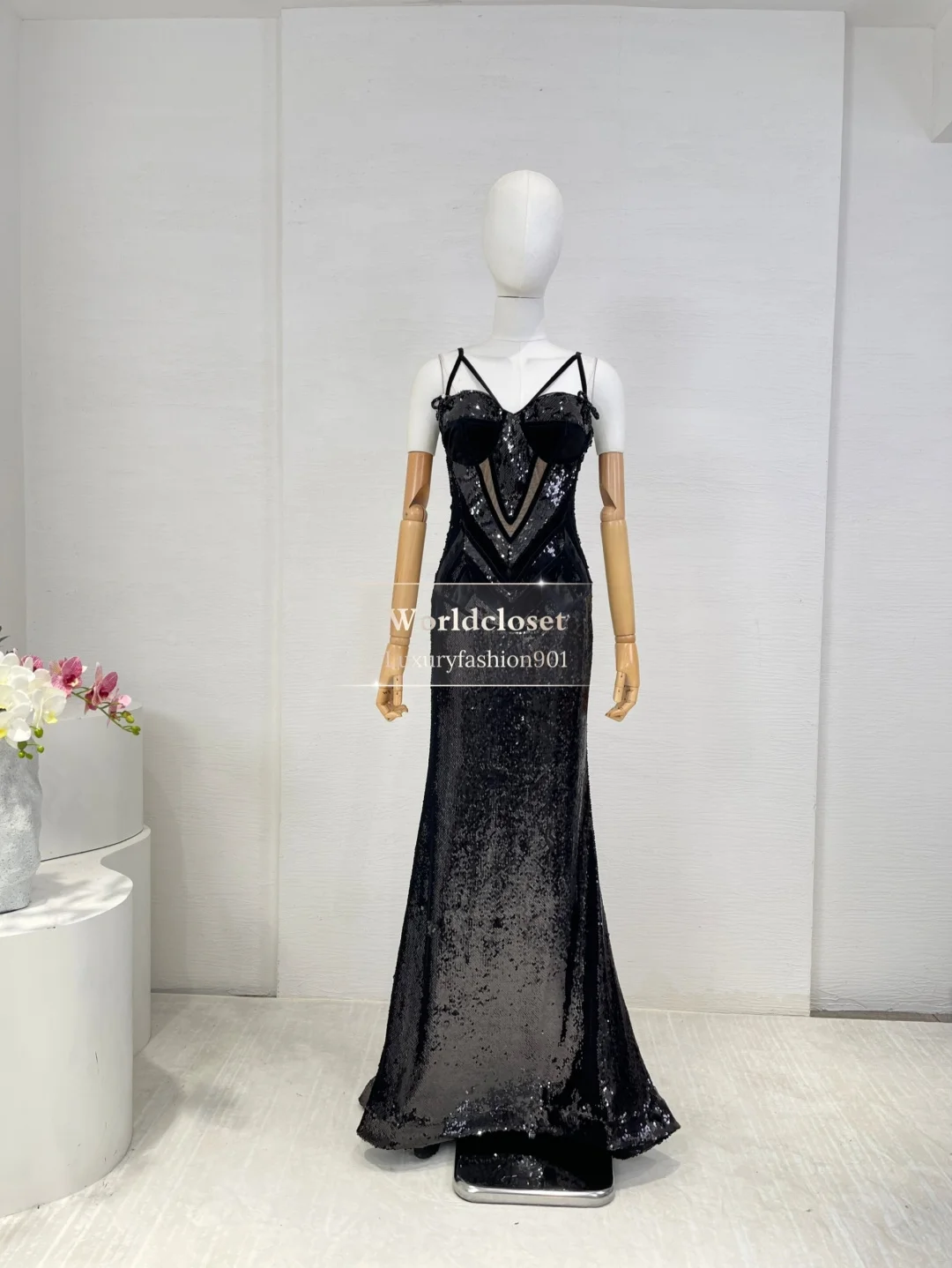 여성용 블랙 스팽글 프레스드 슬리브리스 백리스 튜브 맥시 드레스 파티용