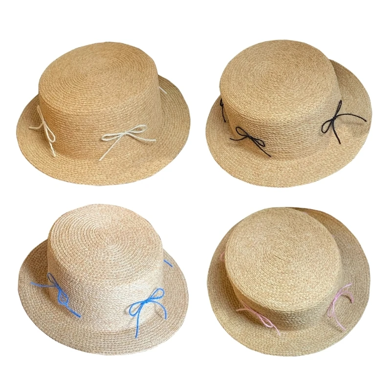 

Women Woven Bowknot Straw Hat Lady Girl Breathable Flat Top Hat French Style Headwear Summer Bonnet Beach Vacation Sunproof Hat