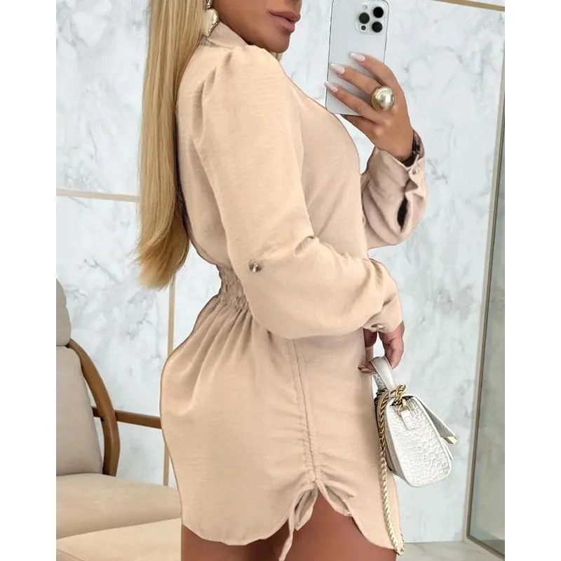 Chicme women button down shirt dress roll tab sleeve side drawstring mini dresses