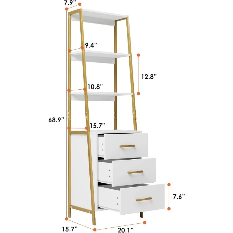 

Entryway, Office, White 4-Tier Bookshelf, Modern Ladder Book Shlef Storage Tall Bookcase with 3 Wooden Drawers,