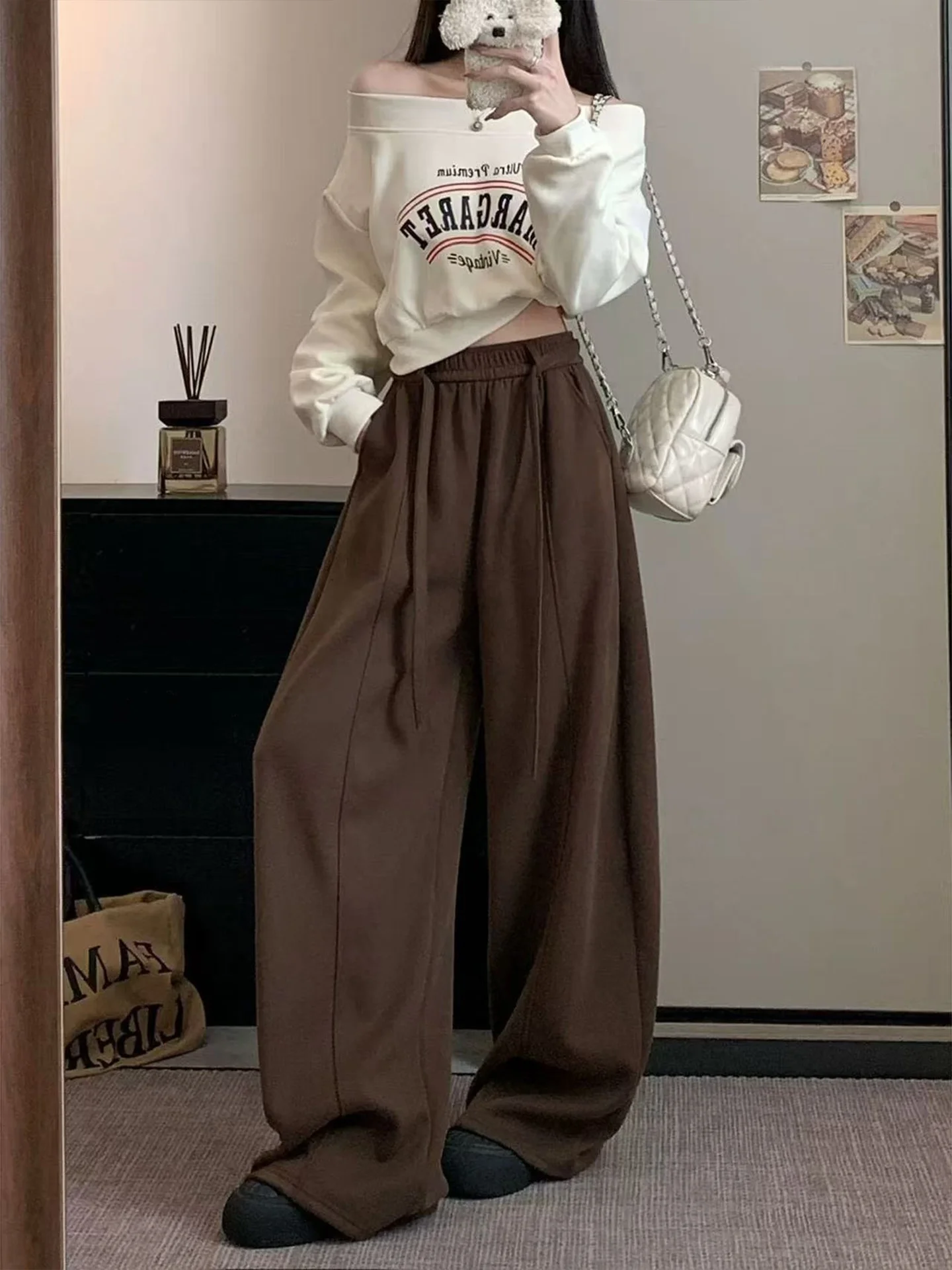 Café Brown Retro Bend Knife Pants Women's Autumn Winter plus Size Loose Casual Sports Pants Drape Large Size Wide Leg Pants