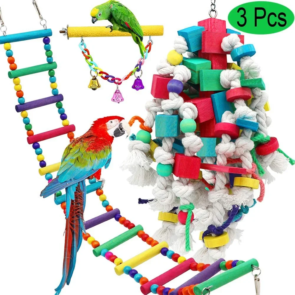 3-Piece Combination Toy Parrot Big Toy Set Ladder Scrub Pendant Chain Cotton Rope Biting Bird Toy