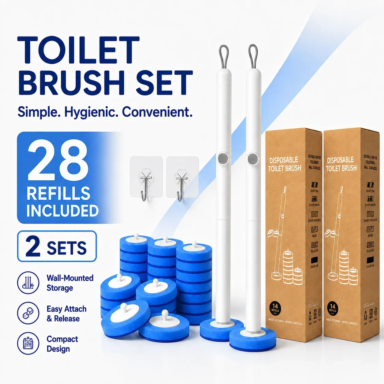 14-Piece Toilet Wand Refill Set with Handle and Wall Hook, Replaceable Bathroom Cleaning Brush System, Compact Storage Design for Toilet Rims, Sinks, and Drains (1/2/3-Pack Options)