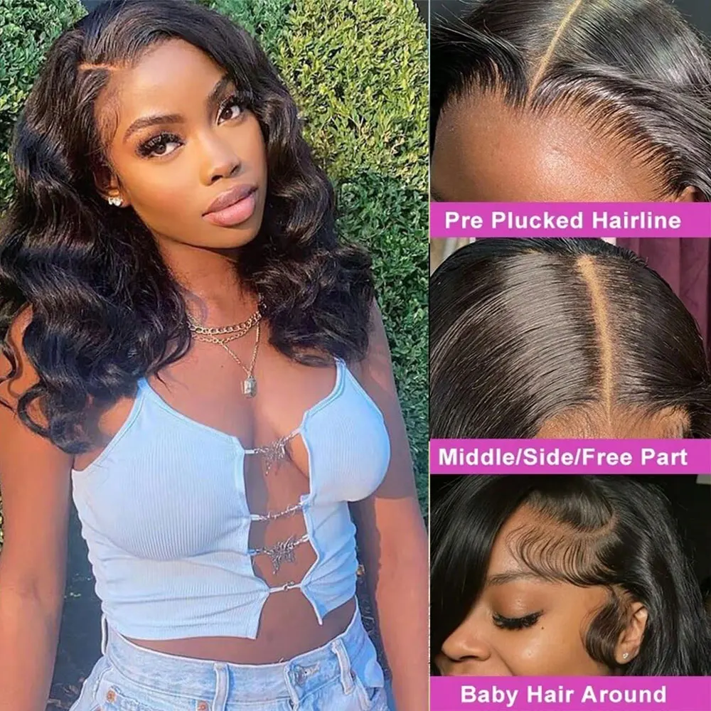 13X4 Body Wave Transparant Kant Kant Voorkant Pruiken Menselijk Haar 200% Dichtheid Bob Pruiken Menselijk Haar Pre Geplukt Korte Bob Natuurlijke Kleur