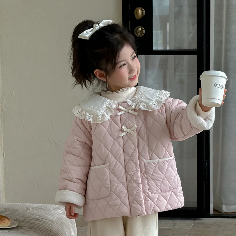 

Girl Thicken Coat Autumn Winter Lace Cotton-Padded Jacket Tops Child Student Keep Warm Kawaii Fashion New Style Casual Clothing