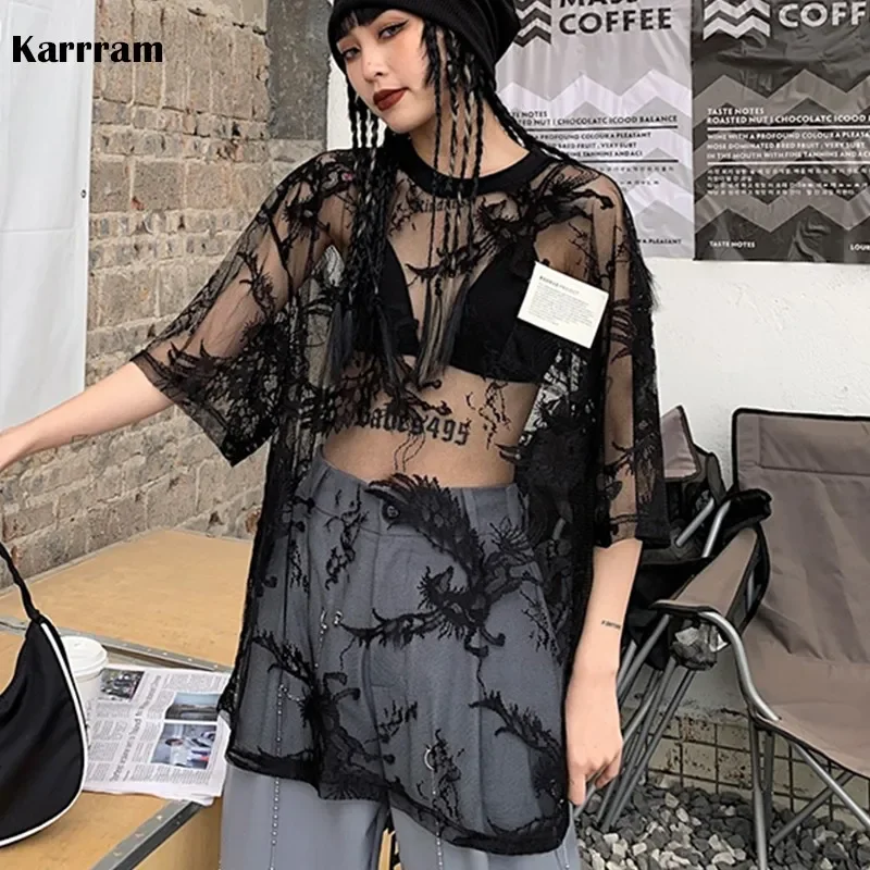 Karrram Summer Sexy Mesh T Shirts Women Lace See Through Oversize Mesh Tops Semitransparent Gothic E Girl T-shirt Streetwear 90s